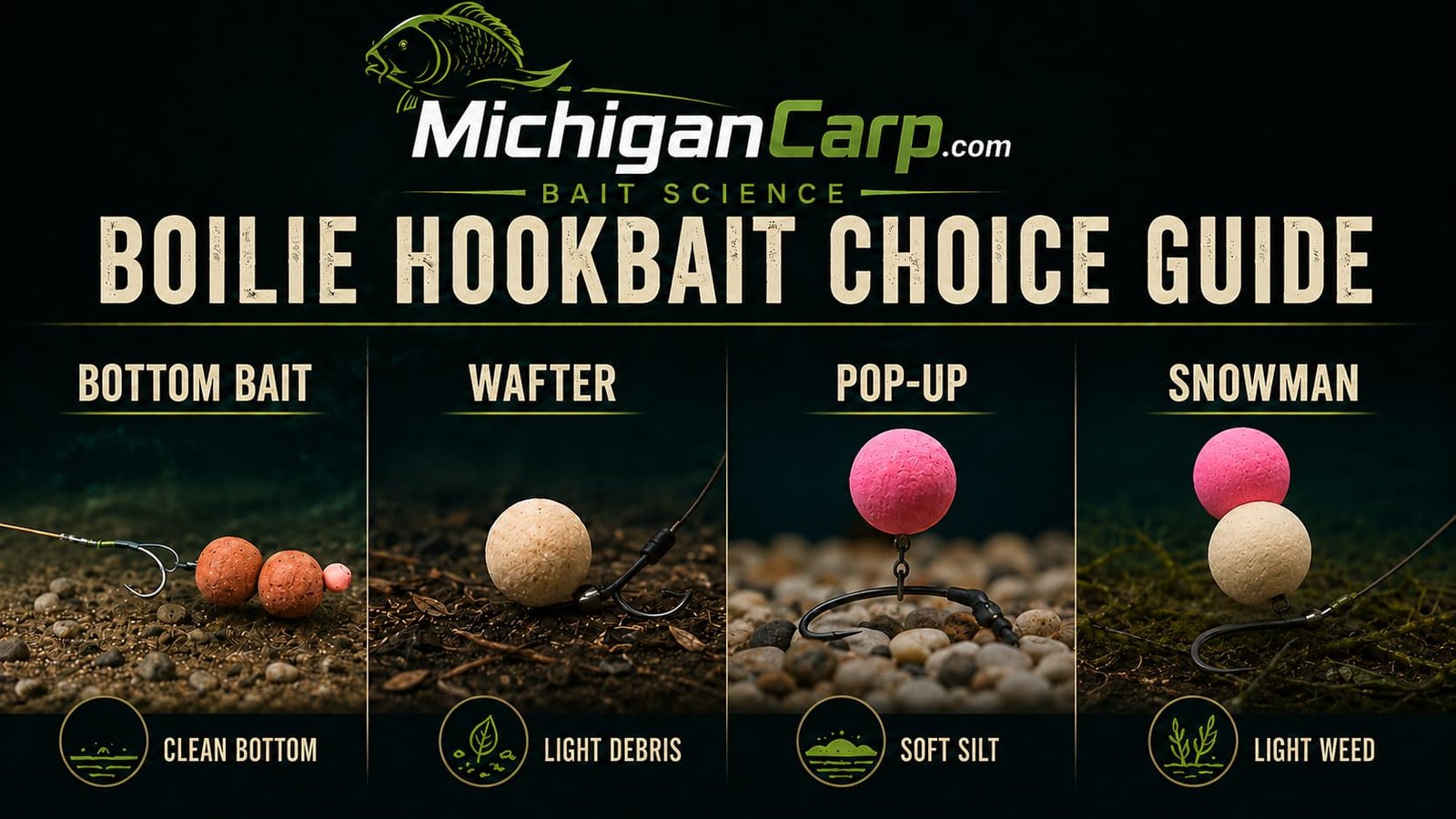  Boilie hookbait choice guide comparing bottom bait, wafter, pop-up and snowman presentations for carp fishing over different lake-bed conditions.