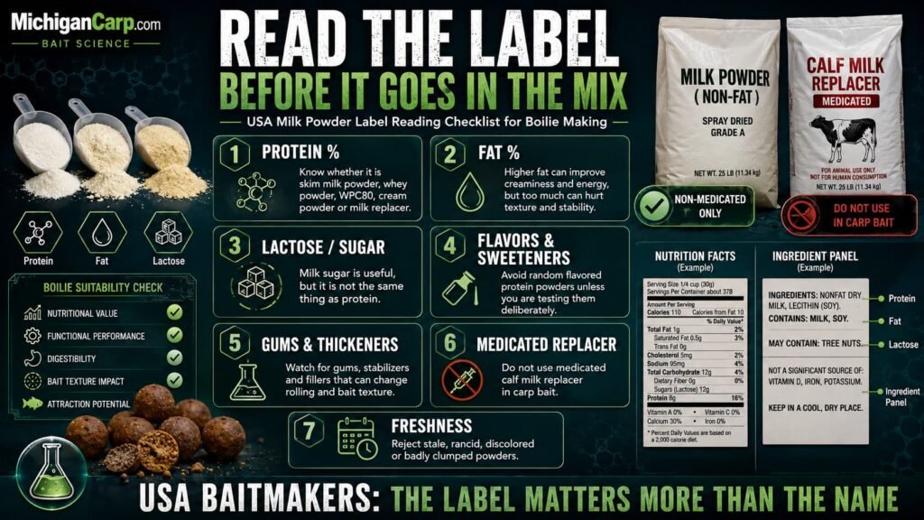 USA milk powder label reading checklist for boilie making showing protein fat lactose sweeteners gums medicated milk replacer and flavored protein powders