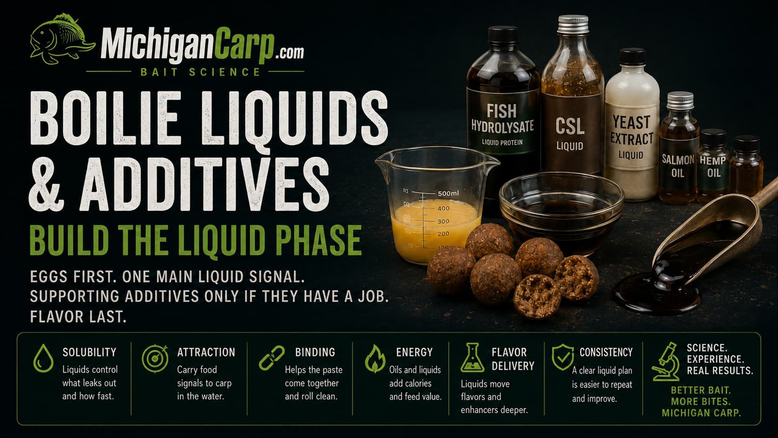 Boilie liquids and additives infographic showing eggs, hydrolysate, yeast liquid, oils, sweeteners, flavors and a clear boilie liquid phase build order.