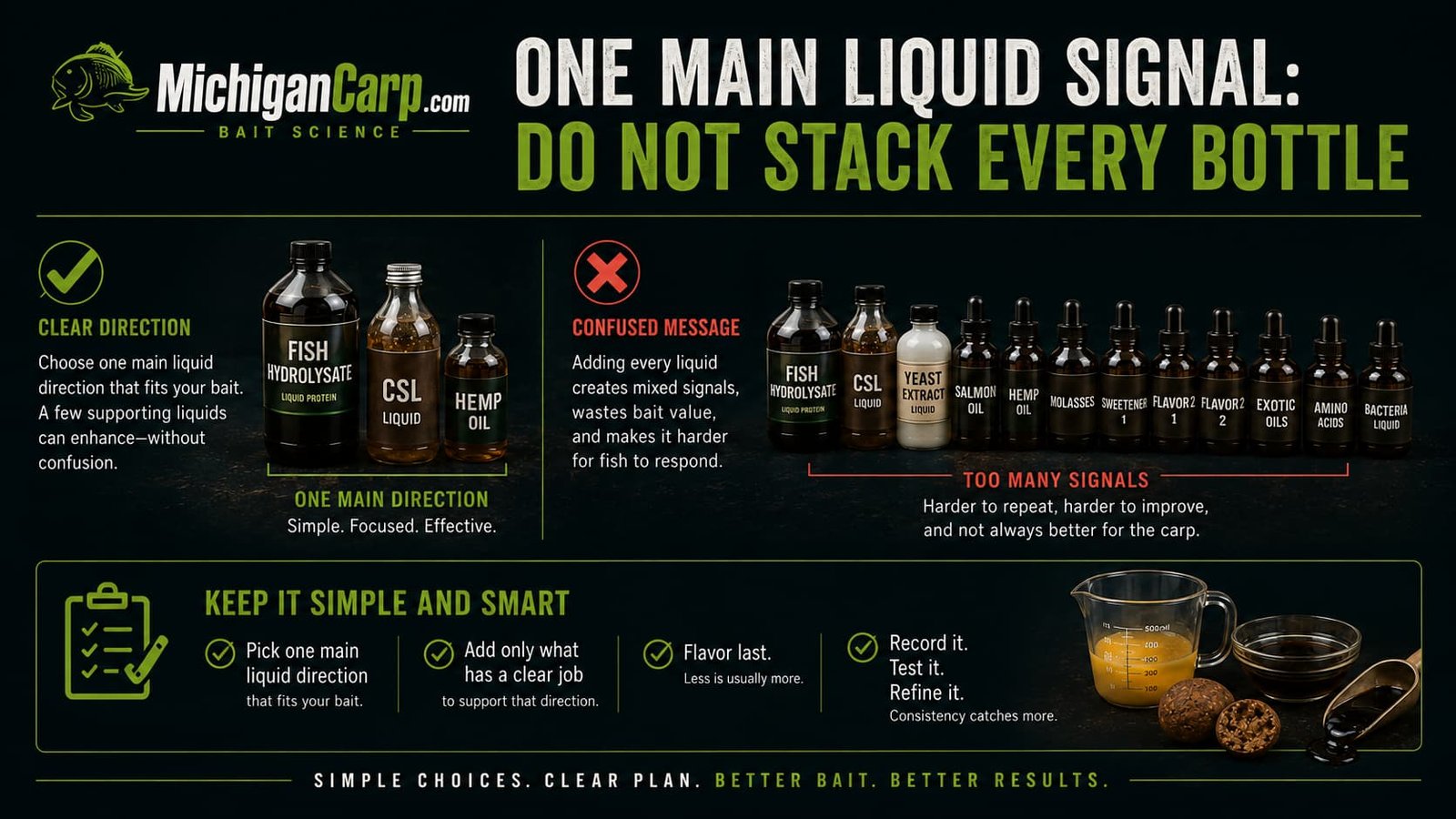 Boilie liquid phase mistake guide showing too many liquids, no clear direction, skipped rest time, wrong texture and flavor-first bait design.