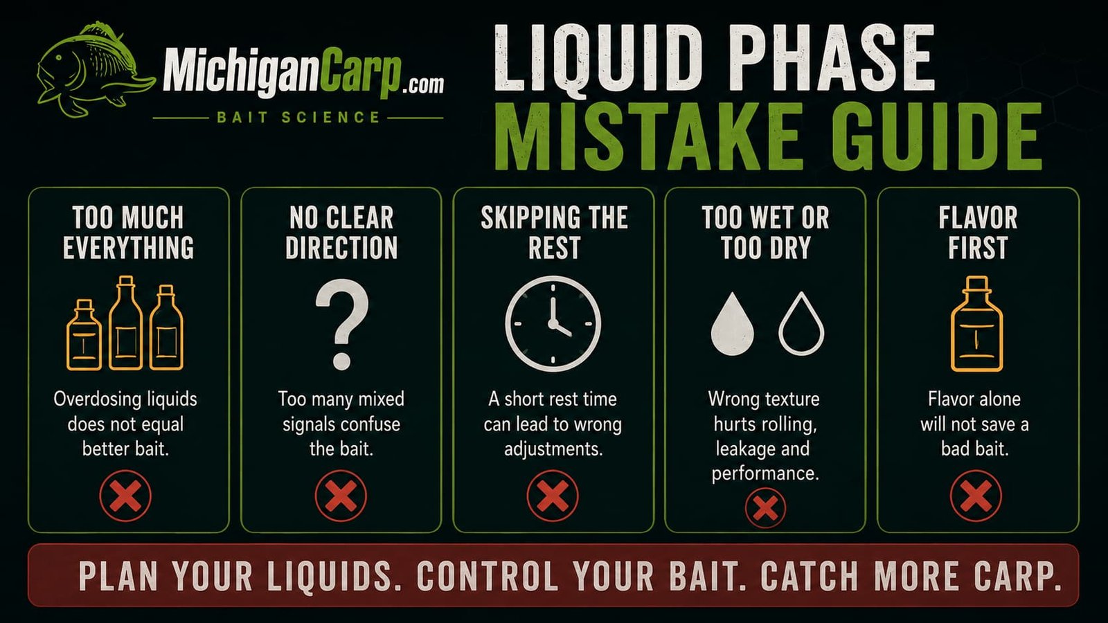 Boilie liquid phase mistake guide showing too many liquids, no clear direction, skipped rest time, wrong texture and flavor-first bait design.