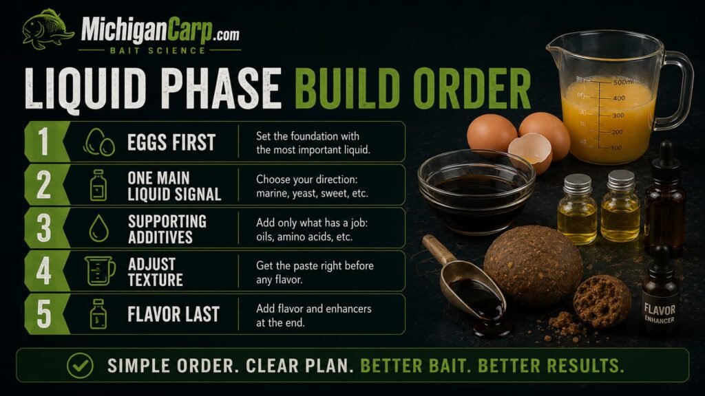 Boilie liquid phase build order infographic showing eggs first, one main liquid signal, supporting additives, texture adjustment and flavor last.