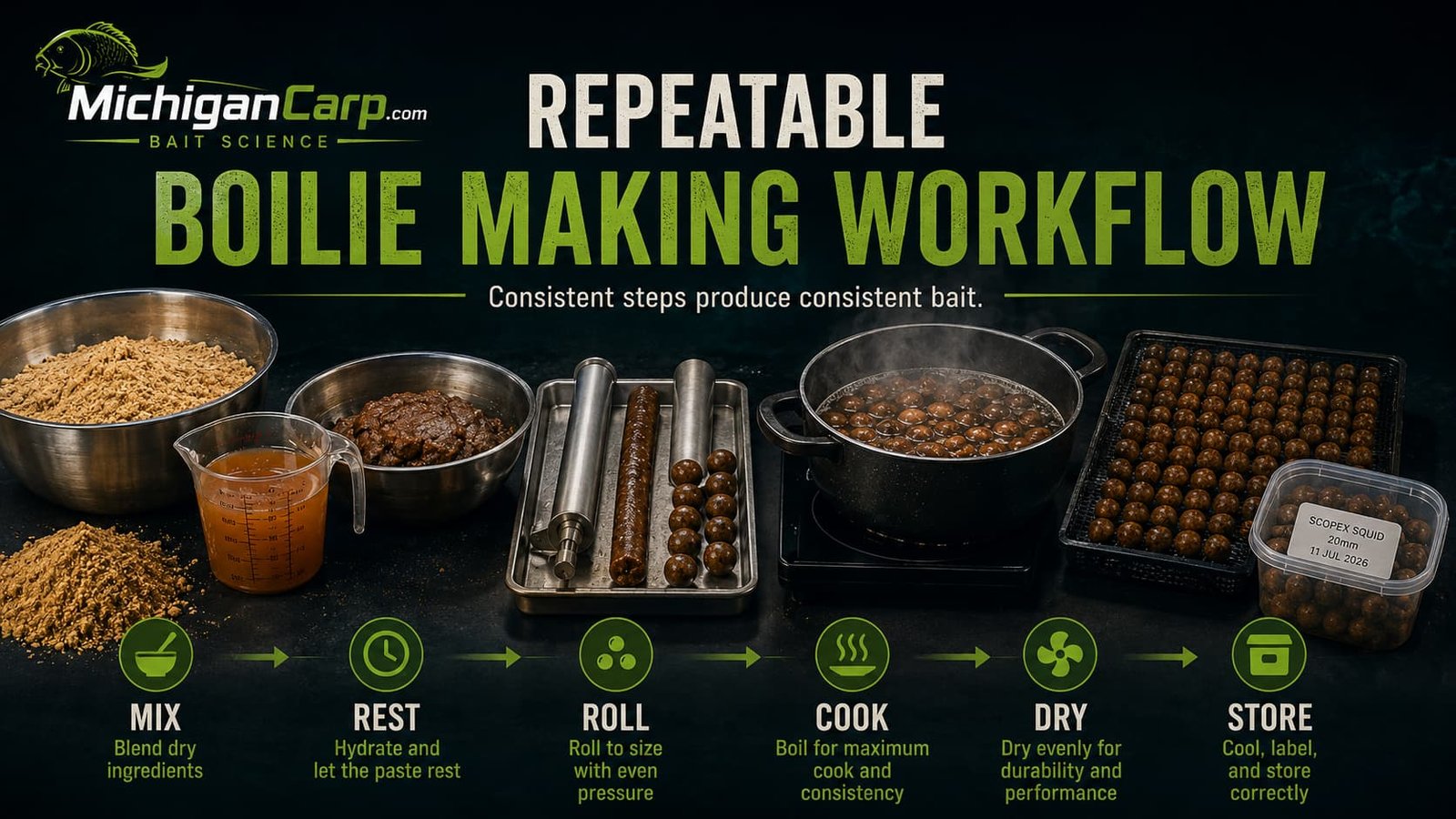 Repeatable boilie making workflow showing measuring, dry mixing, liquid phase, paste resting, rolling, boiling, drying, testing and storage.