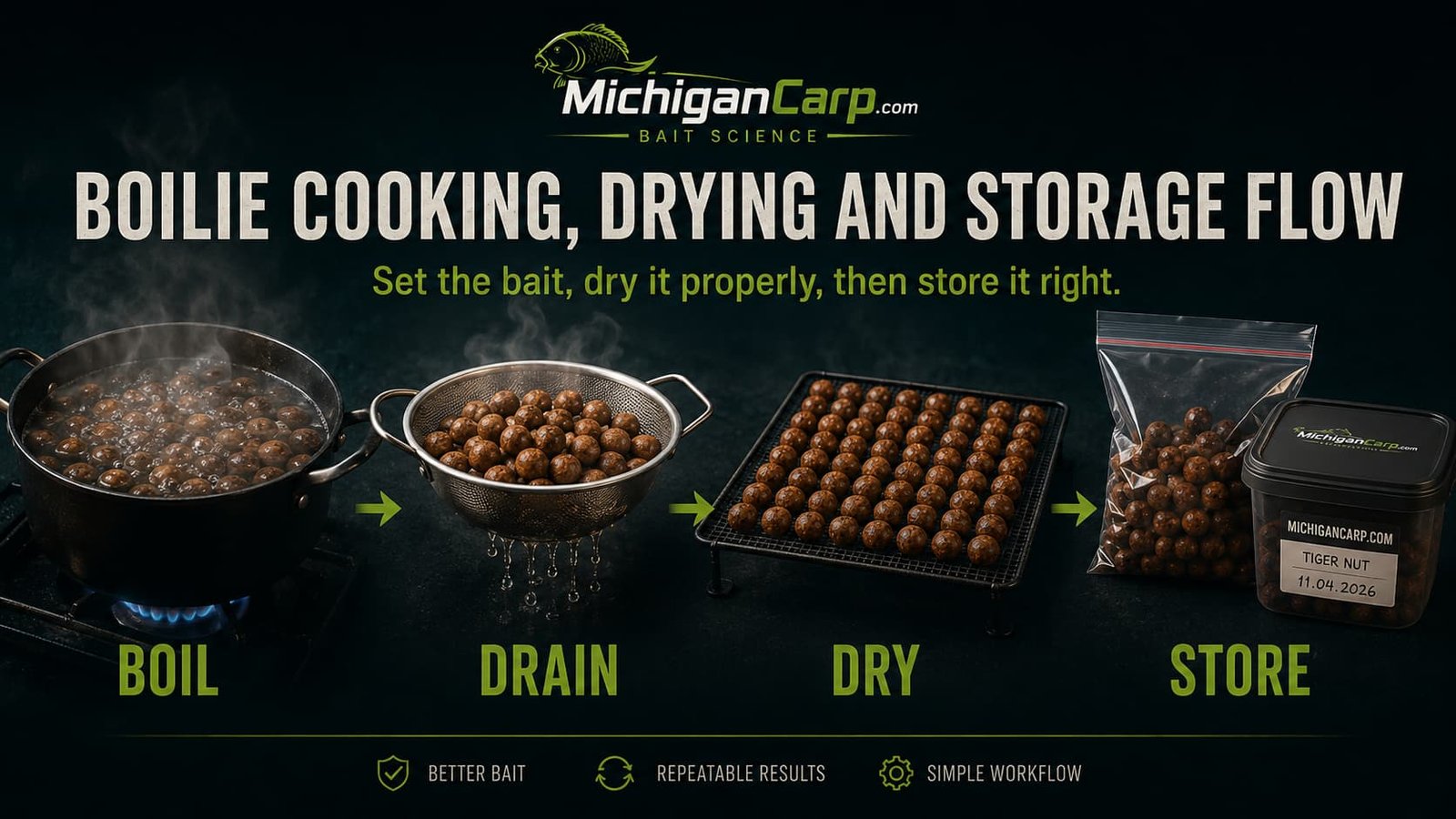 Boilie cooking drying and storage flow showing boiling, draining, drying racks, freezer bags, hookbait tubs and shelf-life bait warning.