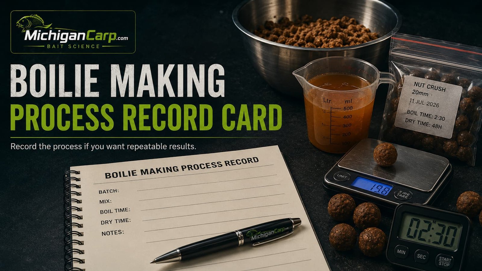 Boilie making process record card showing dry mix, liquid phase, paste rest, rolling size, boil time, drying time, storage method and water test notes.