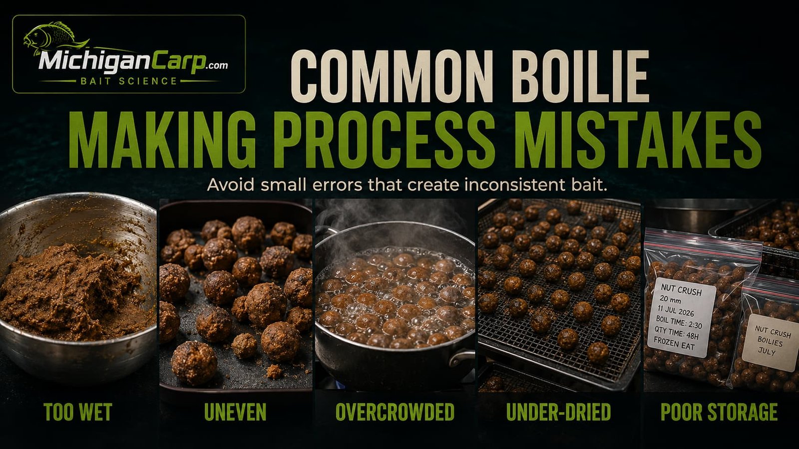 Common boilie making process mistakes including dumping dry mix too fast, skipping paste rest, rolling uneven sizes, overboiling, poor drying, bad storage and not keeping notes.