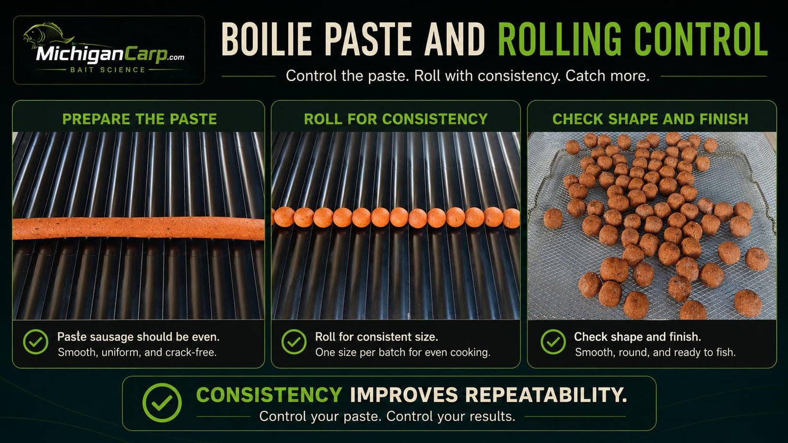  Boilie paste and rolling control showing dry mix added gradually, covered resting paste, test sausage extrusion and evenly rolled boilies.