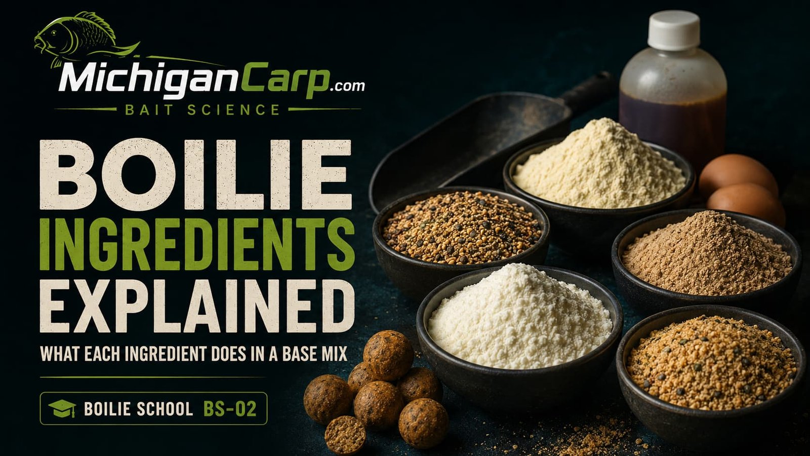 Boilie School BS-02 boilie ingredients explained showing structure flours, proteins, birdfoods, nut meals, milk powders, solubles, fats, binders and liquids for carp bait making.
