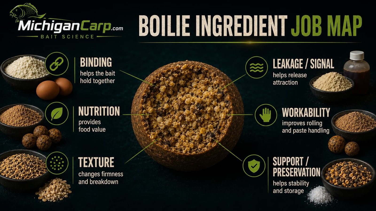 Boilie ingredient job map showing structure, binding, protein, texture, soluble signal, fat, palatability and practical bait-making roles