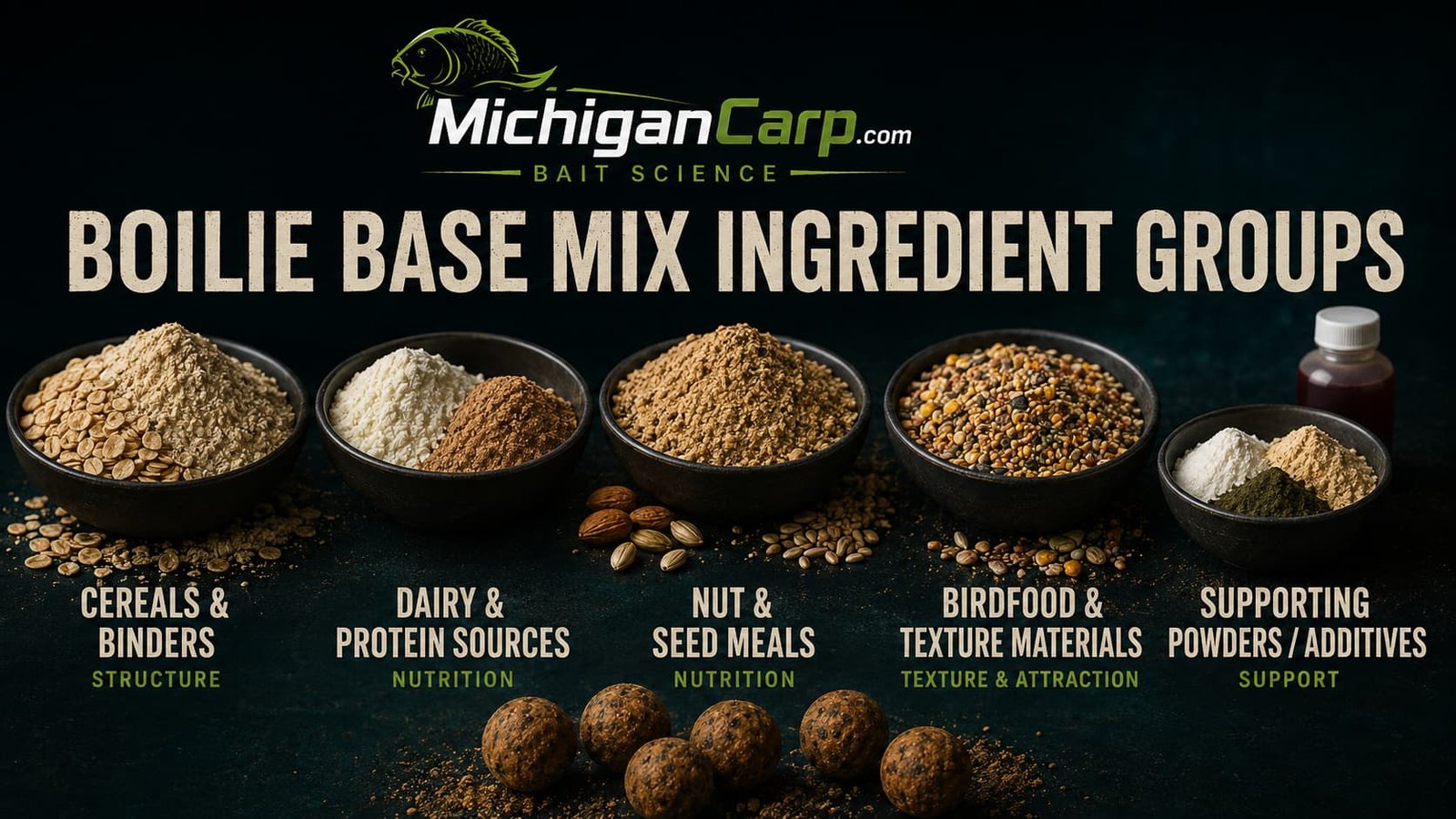 Boilie base mix ingredient groups showing structural flours, proteins, birdfoods, nut meals, milk powders, seed meals and soluble ingredients as the dry foundation of a boili