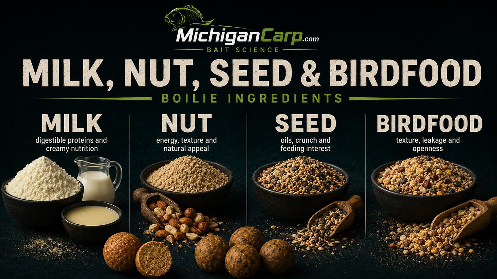 Milk, nut, seed and birdfood boilie ingredients showing milk powder, tiger nut flour, peanut meal, hemp, birdfood, cereals and finished boilies for non-marine carp bait.