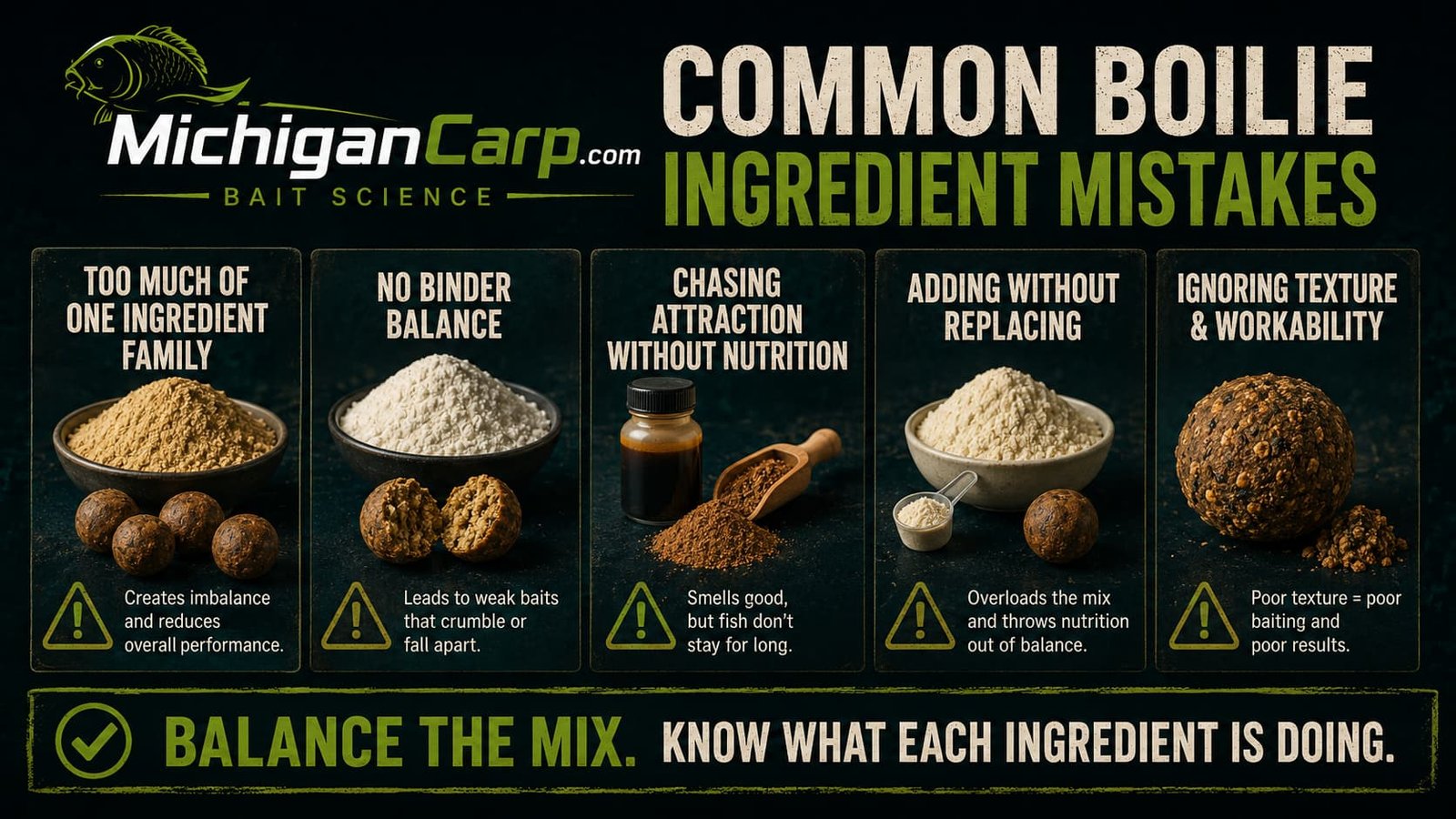 Boilie ingredient role comparison showing protein ingredients, soluble signal ingredients and fat sources with their different jobs in carp bait.