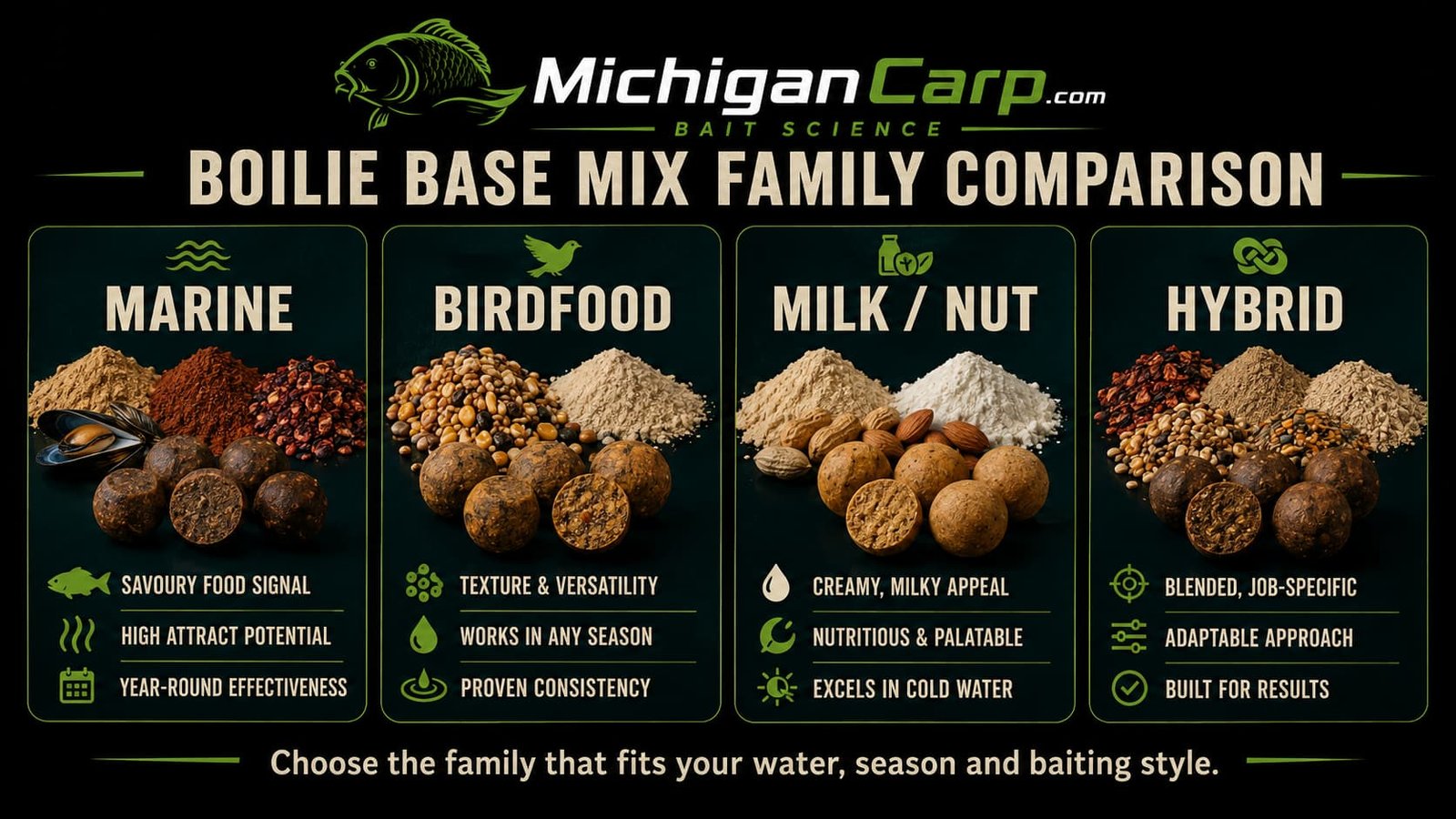 Boilie base mix family comparison showing marine, birdfood, milk nut and hybrid boilie styles with their main ingredient identity and practical use.