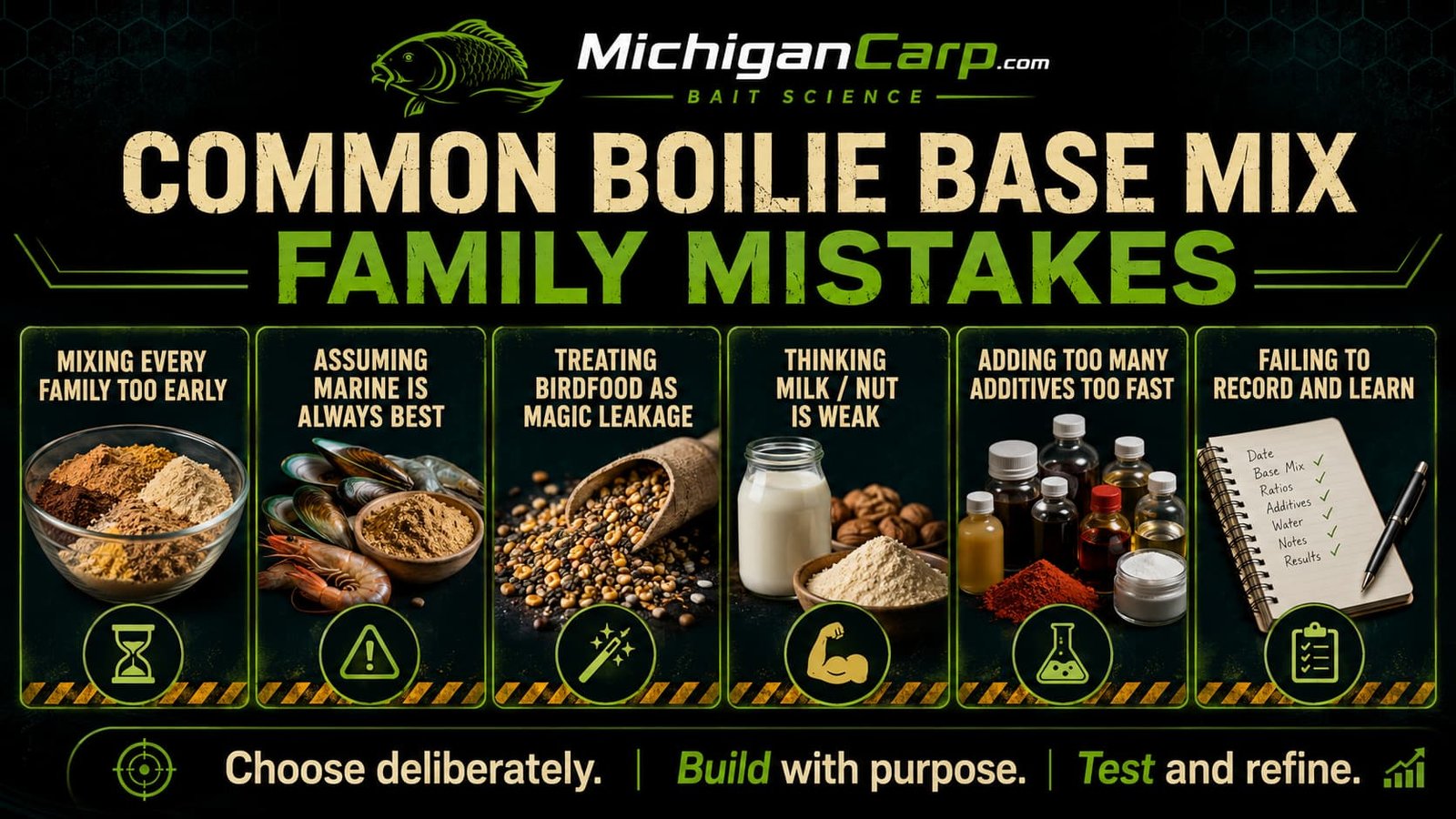 Choosing a boilie base mix family decision guide showing when to choose marine, birdfood, milk nut or hybrid boilie base mixes