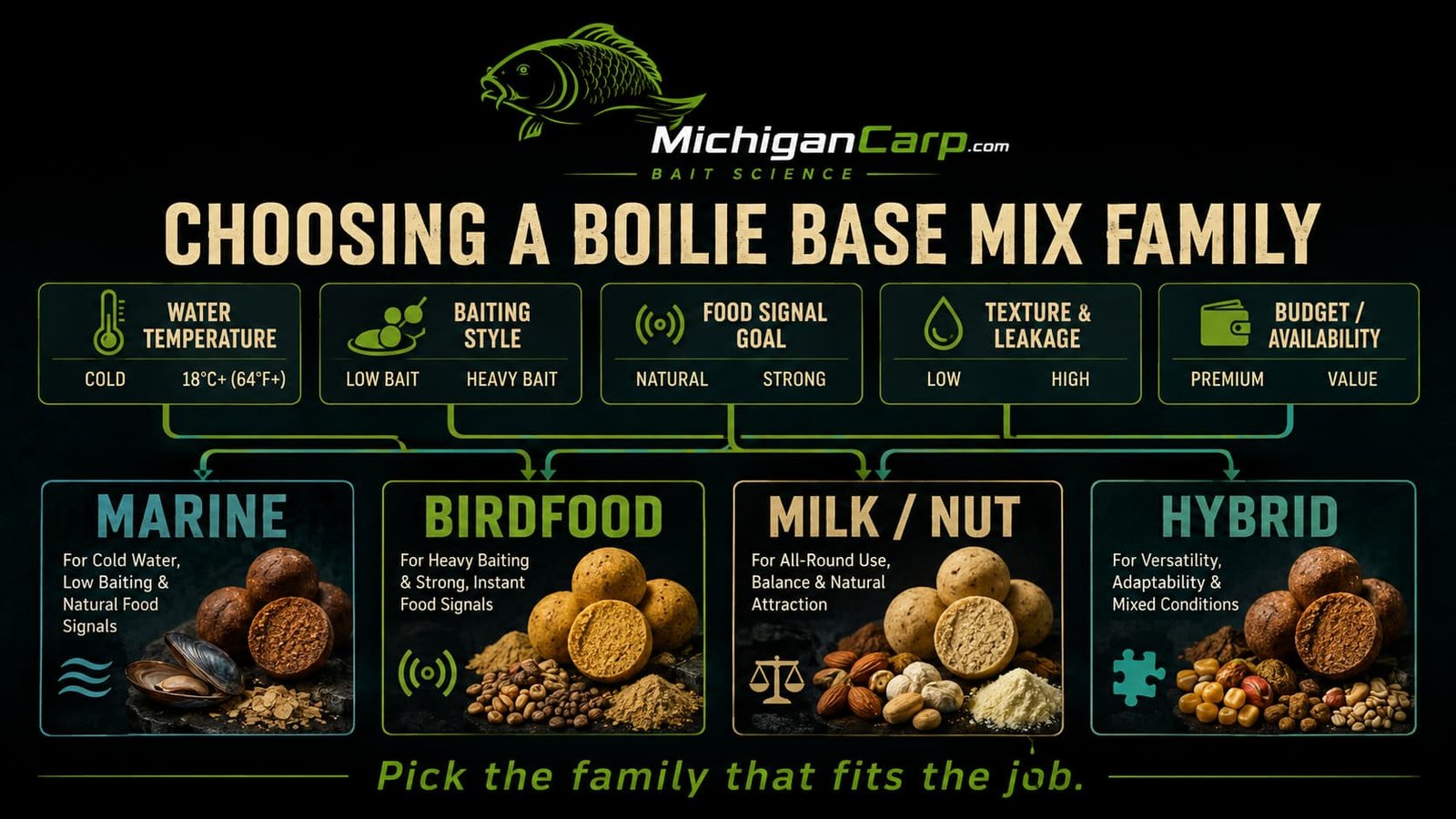 Choosing a boilie base mix family decision guide showing when to choose marine, birdfood, milk nut or hybrid boilie base mixes.