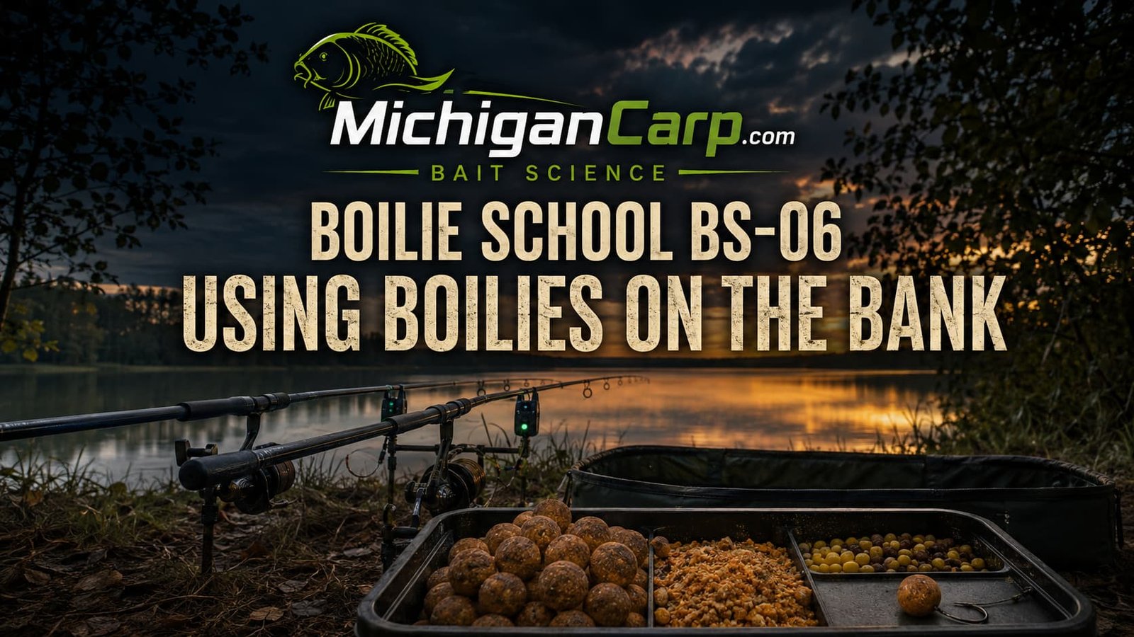  Boilie School BS-06 using boilies on the bank showing hookbait, whole boilies, chopped boilies, crushed boilies, particles, rods and a practical carp baiting pattern.