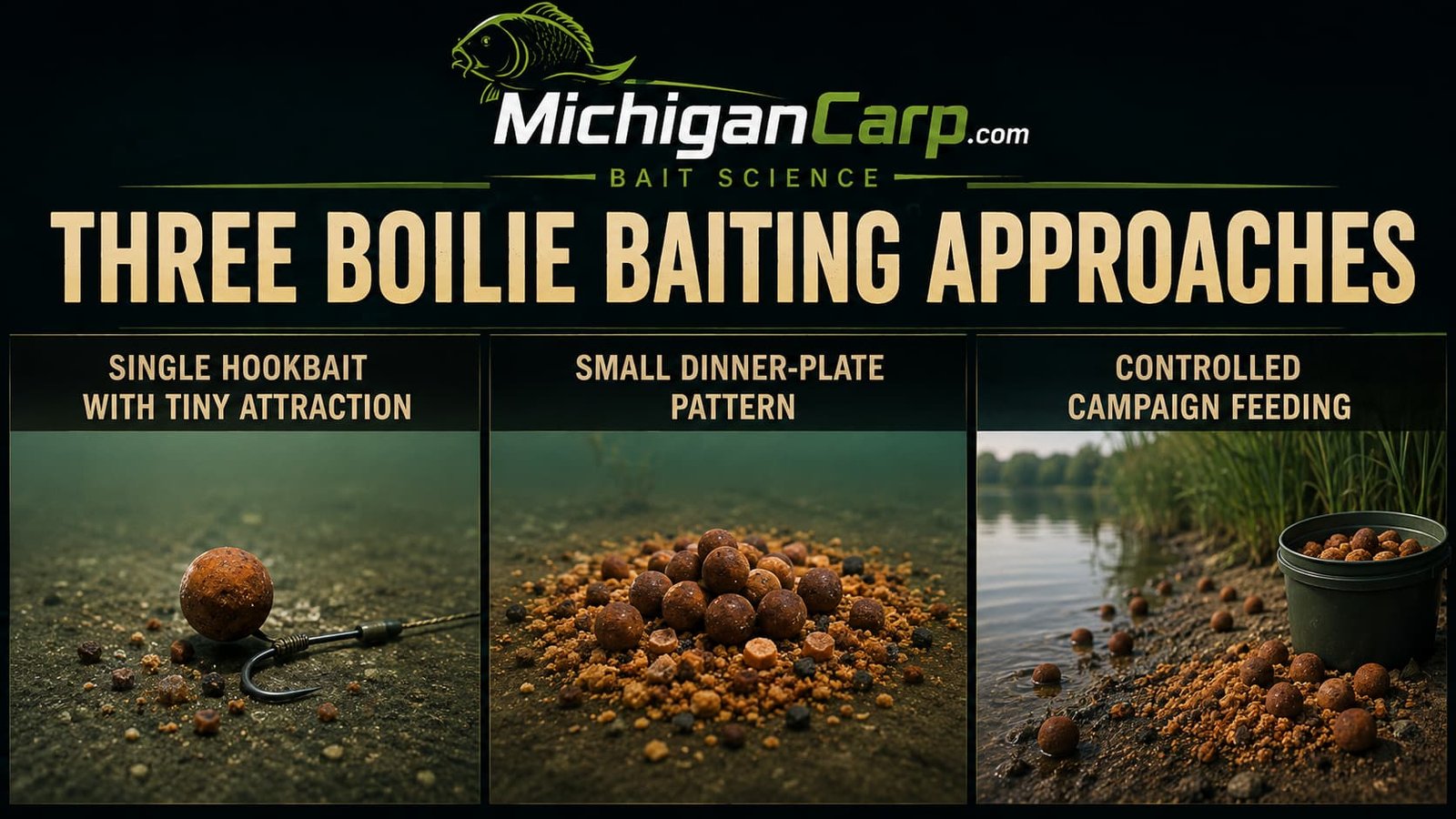 Three boilie baiting approaches showing a single hookbait with tiny attraction, a small dinner plate baiting pattern and controlled campaign feeding.