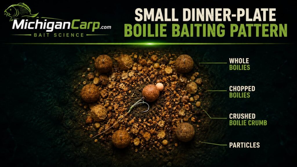 Small dinner plate boilie baiting pattern showing whole boilies, chopped boilies, crushed boilie crumb, a few particles and one hookbait placed in a tight feeding area.