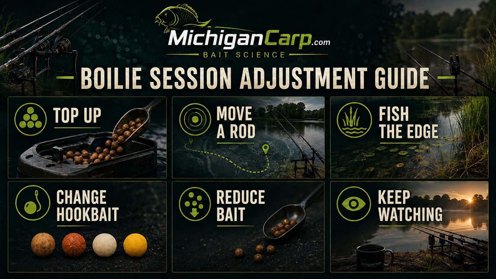  Boilie session adjustment guide showing when to top up, move a rod, change hookbait, fish the edge, reduce bait or keep watching during carp fishing.