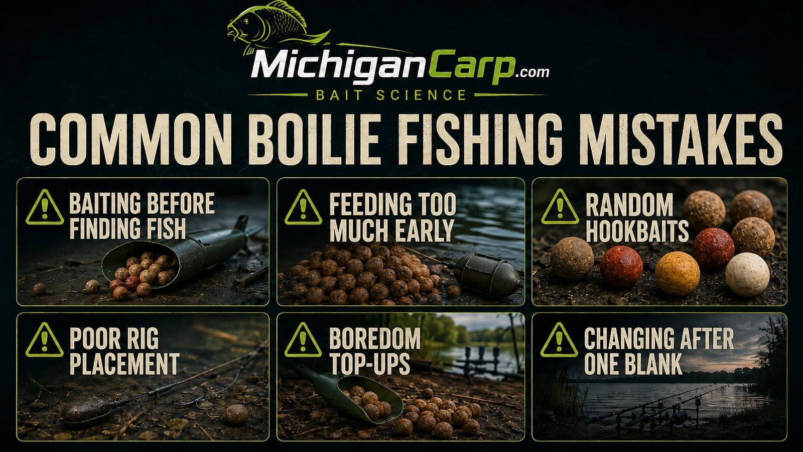 Common boilie fishing mistakes including baiting before finding fish, feeding too much too early, random hookbaits, poor rig placement, boredom top-ups and changing bait after one blank.