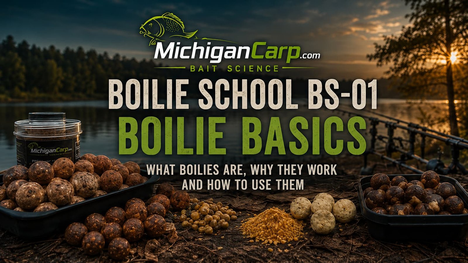 Boilie School BS-01 boilie basics showing carp boilies, hookbaits, free bait, bottom bait, wafter, pop-up, particles and a simple baiting pattern.