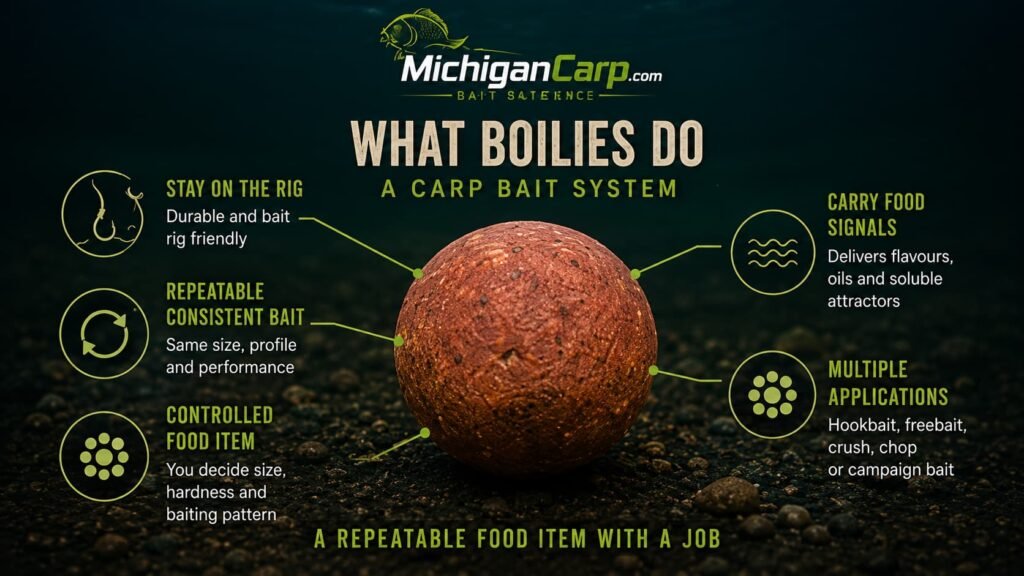 What boilies do as a carp bait system showing hookbait durability, repeatable food identity, free bait, controlled size and baiting strategy.