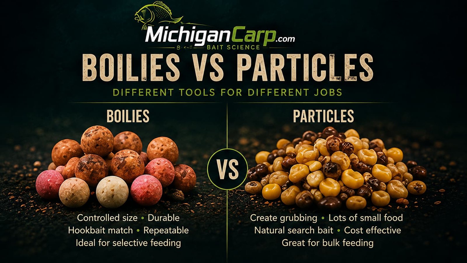  Boilies versus particles for carp fishing showing corn, hemp, tiger nuts, peanuts, whole boilies, chopped boilies and a matching hookbait.