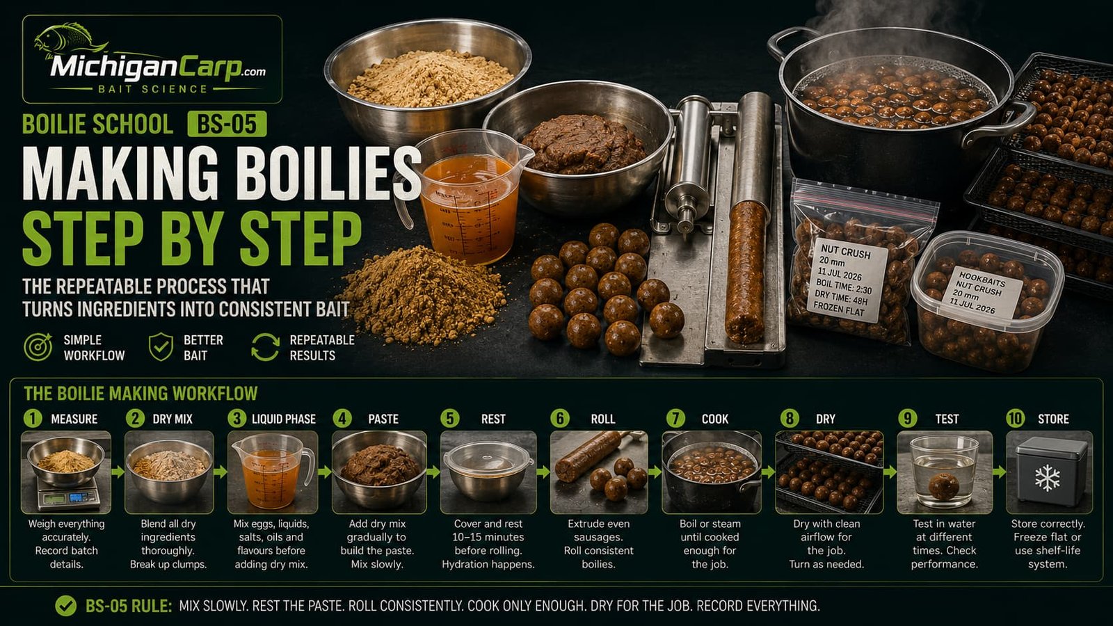 Boilie School BS-05 making boilies step by step showing dry mix, liquid phase, paste, rolling table, boiling pan, drying racks and labeled freezer bags.
