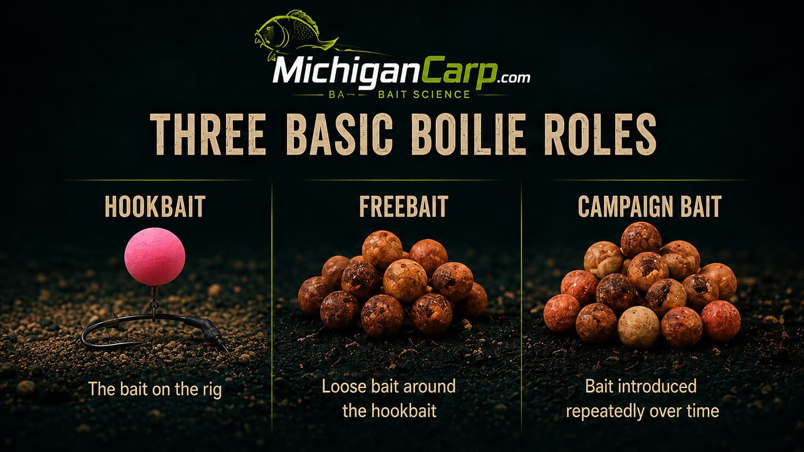 Three basic boilie roles showing hookbait, freebait and campaign bait for carp fishing.