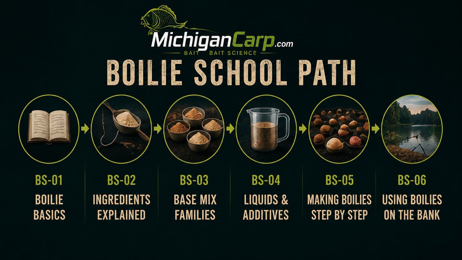 Bottom bait wafter pop-up and snowman boilie basics showing four carp hookbait types over different lake-bed conditions.