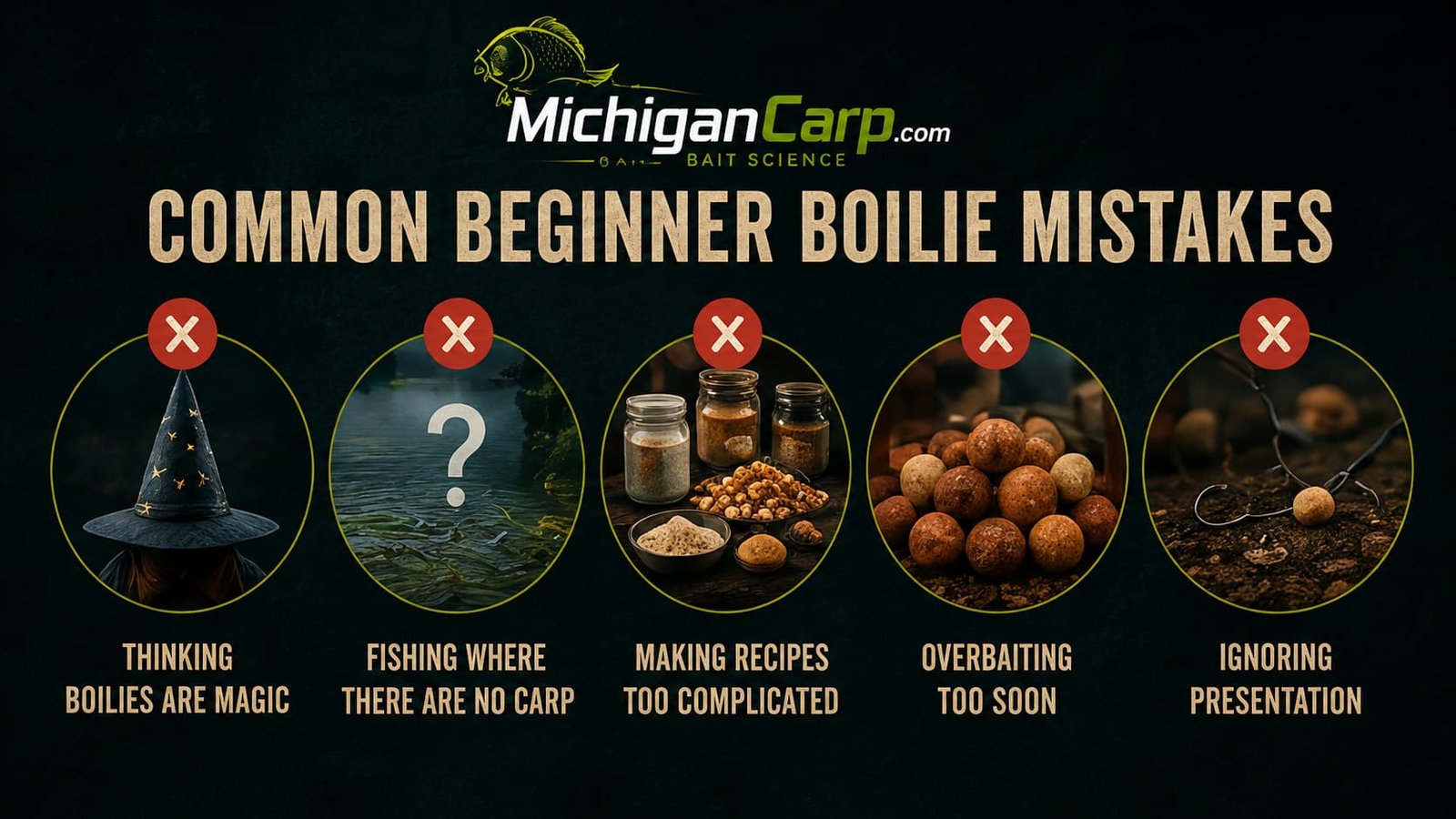 Common beginner boilie mistakes including thinking boilies are magic, fishing where there are no carp, making recipes too complicated, overbaiting and ignoring presentation.