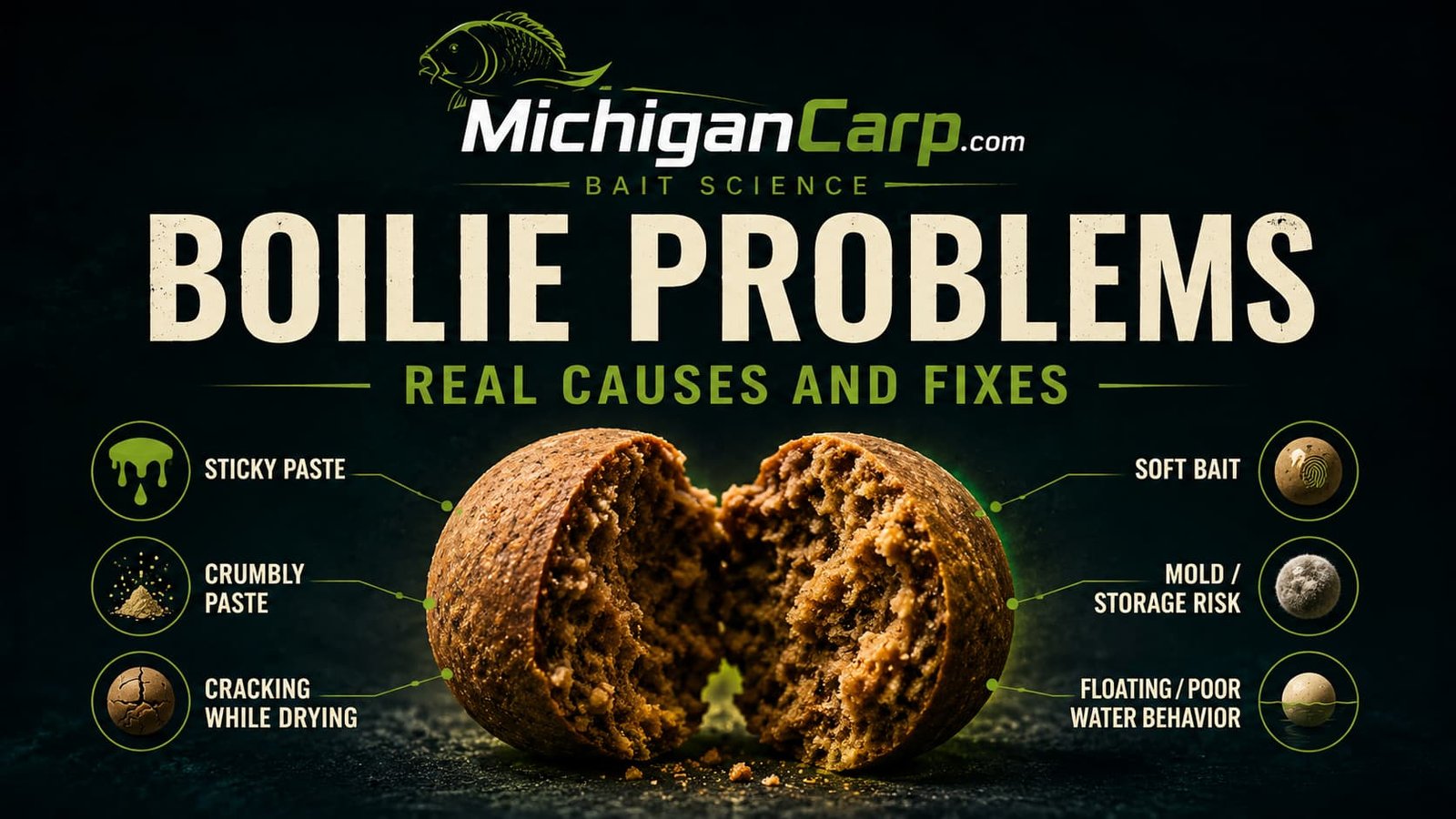 Boilie problems real causes and fixes showing sticky paste, crumbly paste, cracked boilies, soft bait, floating boilies, mold risk and water testing.