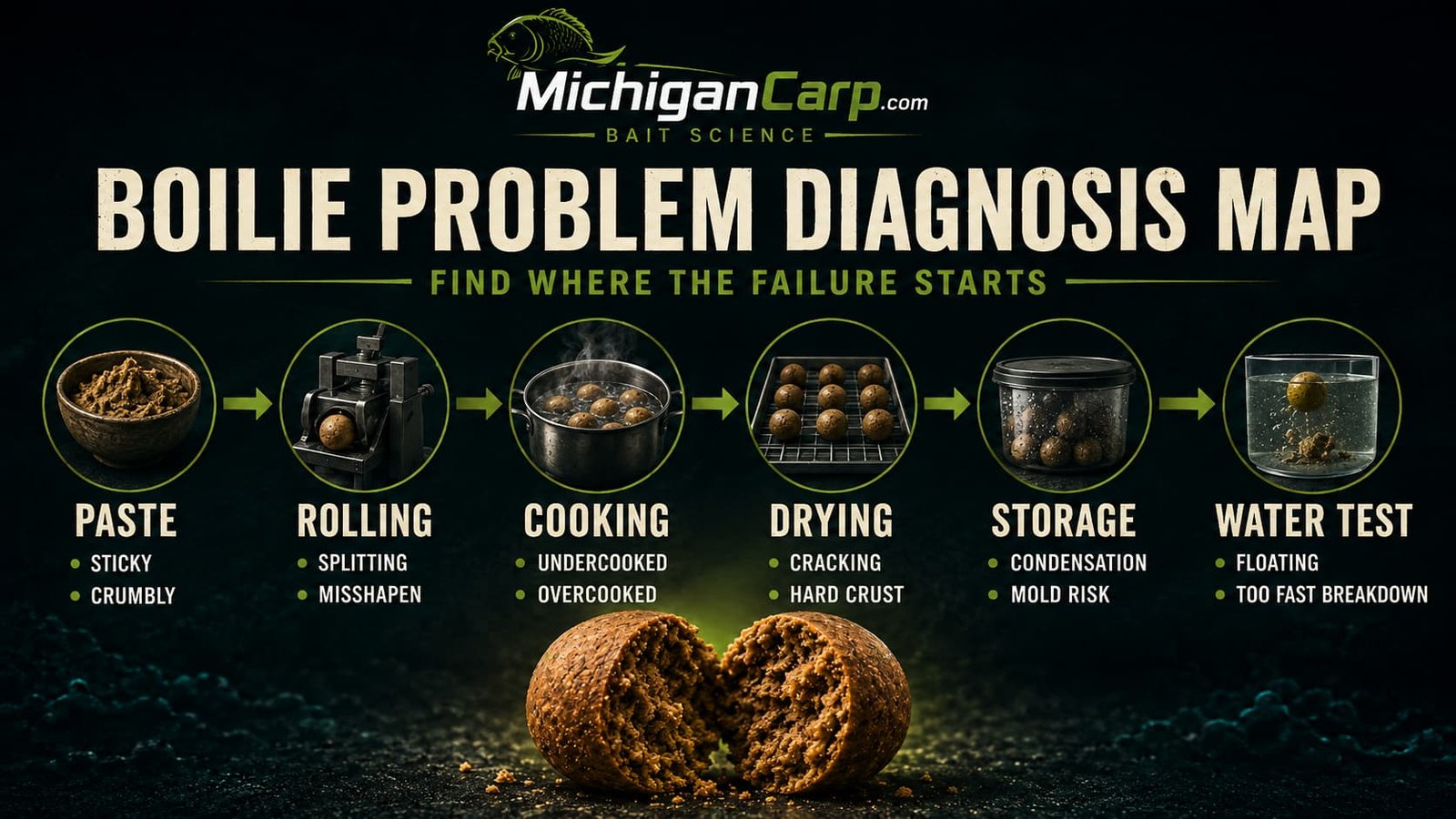 Boilie problem diagnosis map showing paste problems, rolling problems, cooking problems, drying problems, storage problems and bank-side water behavior.