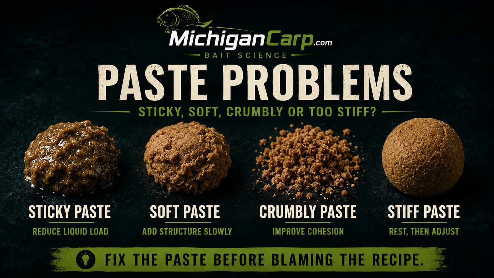Boilie paste problems showing sticky paste, crumbly paste, stiff dough and soft dough with practical fixes for homemade carp boilies.