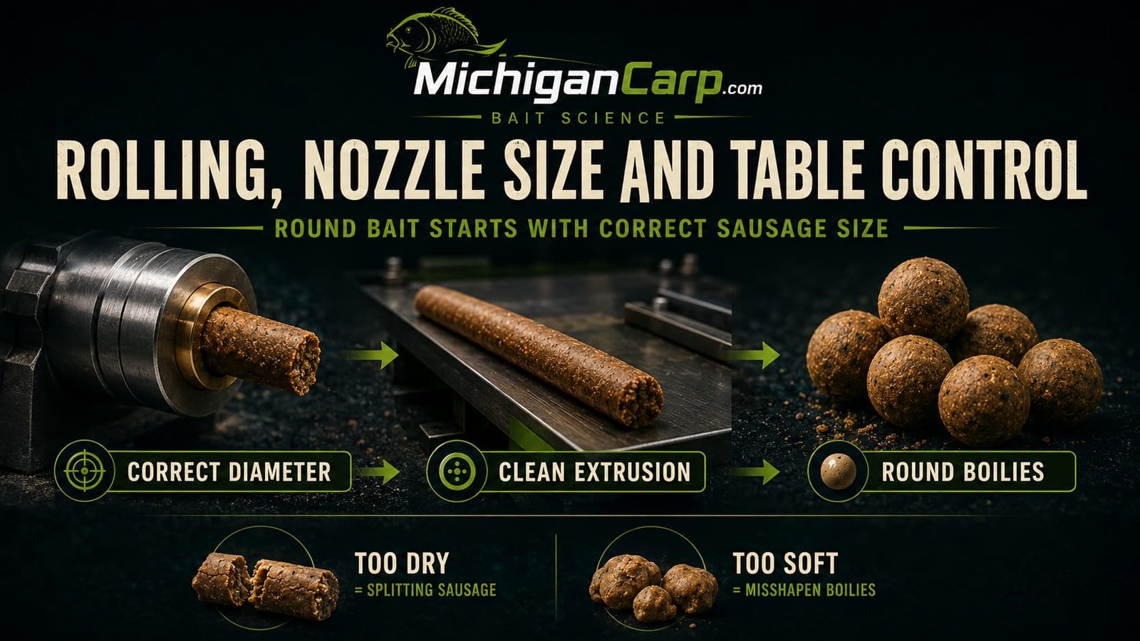 Boilie rolling and nozzle size control showing sausage diameter, rolling table fit, misshapen boilies, splitting sausages and clean round bait.