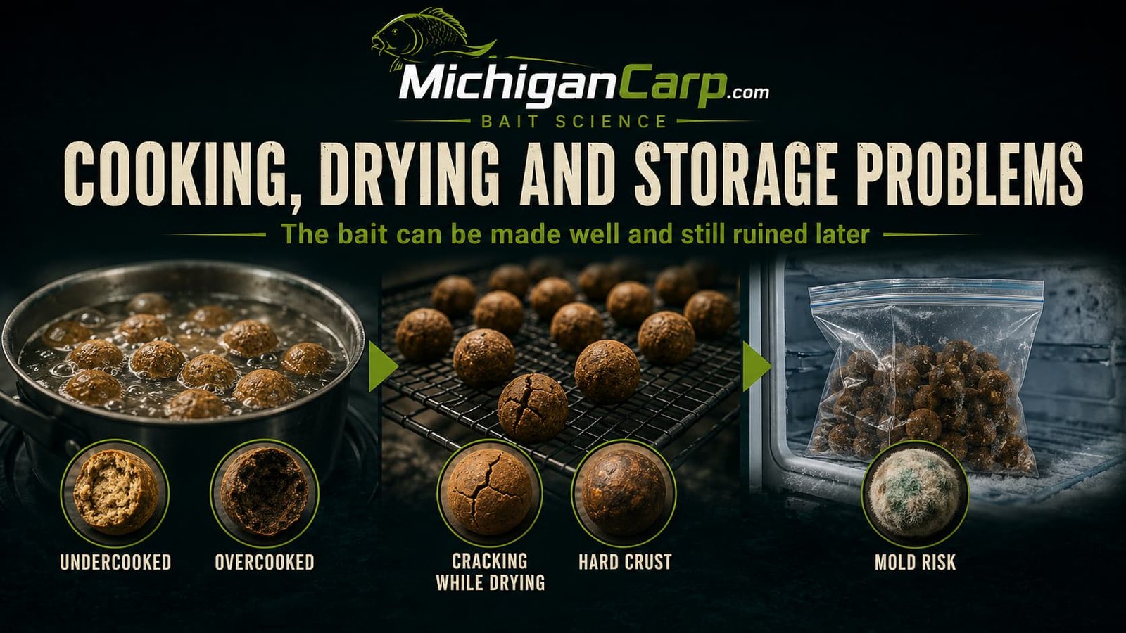 Cooking and drying boilie problems showing undercooked boilies, overcooked boilies, cracked drying bait, hard crust, sticking boilies and white surface film.