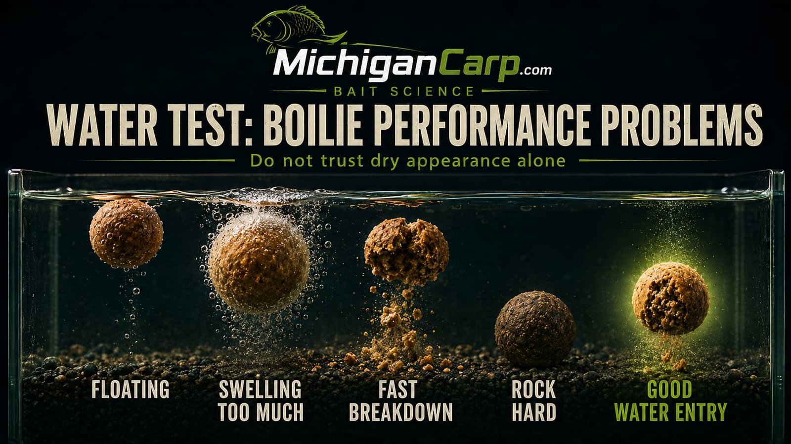 Water test for boilie problems showing floating bait, swelling bait, rock hard bait, fast breakdown, poor water entry and hookbait strength testing.