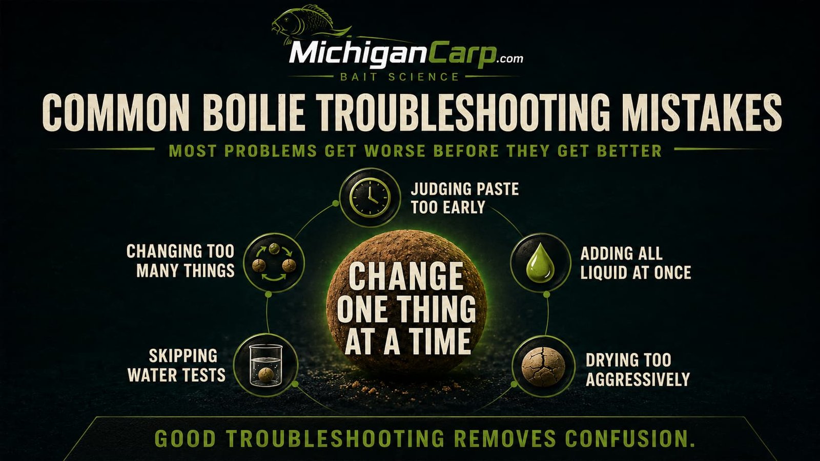 Common boilie troubleshooting mistakes including judging paste too early, adding all liquids at once, drying too aggressively, overboiling and changing too many things at once.