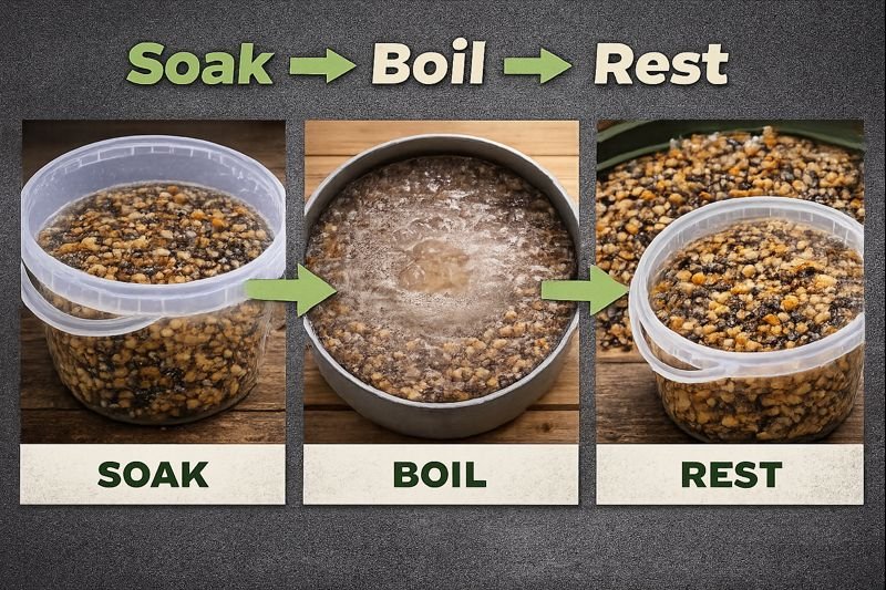 Soak boil rest method for preparing carp particles safely