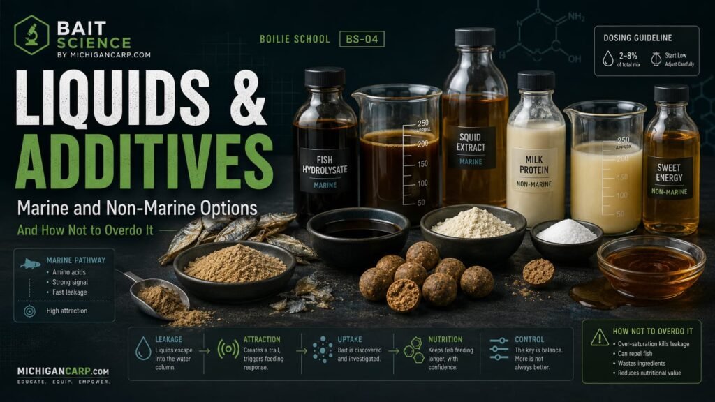 Boilie liquids and additives including eggs, hydrolysates, yeast liquids, oils, sweeteners, salt and flavors for carp bait