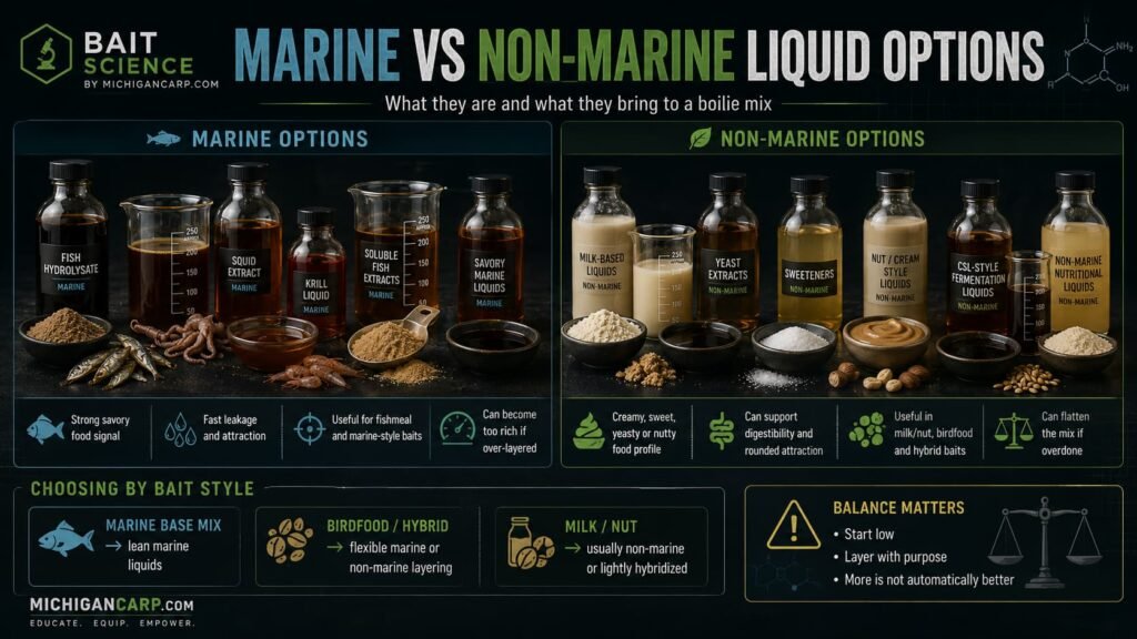  Boilie liquid signal decision guide comparing marine hydrolysate, yeast fermented liquid and sweet creamy liquid phases