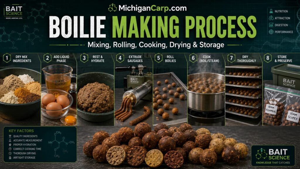 Boilie making process showing mixing, resting, rolling, boiling, drying and storing homemade carp boilies