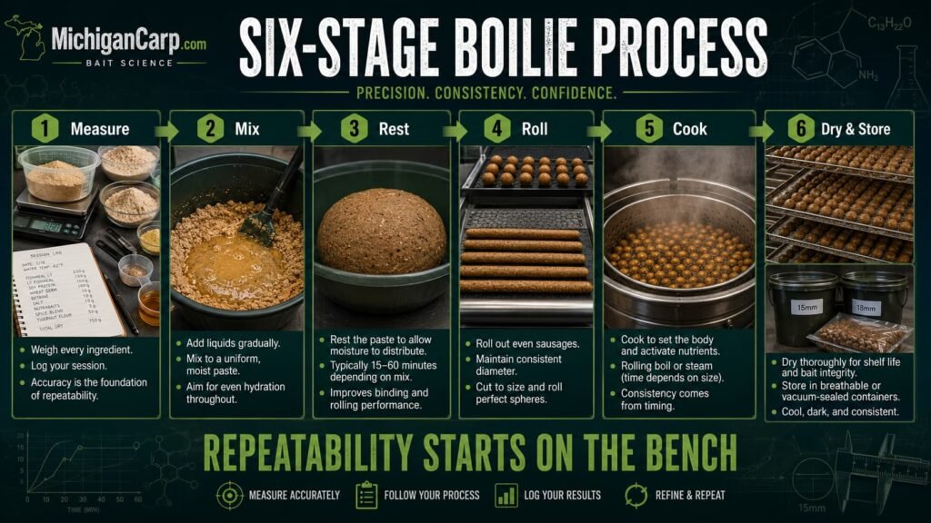 Six-stage boilie making process showing measuring, paste building, resting, rolling, cooking, drying and storage