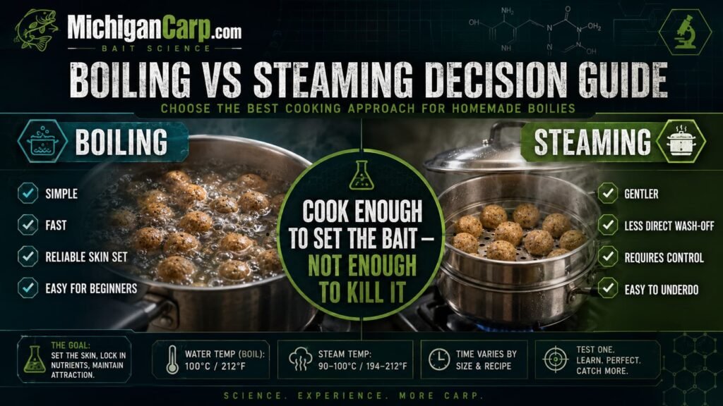 Boiling versus steaming boilies decision guide showing skin set, soluble retention, timing and consistency
