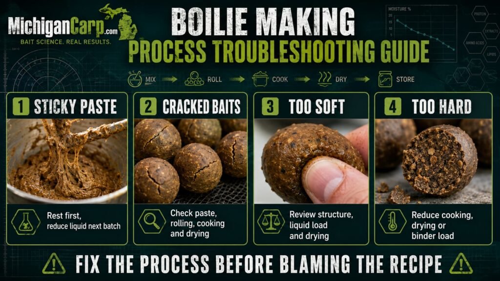 Boilie making troubleshooting guide for sticky paste, cracked boilies, soft bait and overcooked hard bait