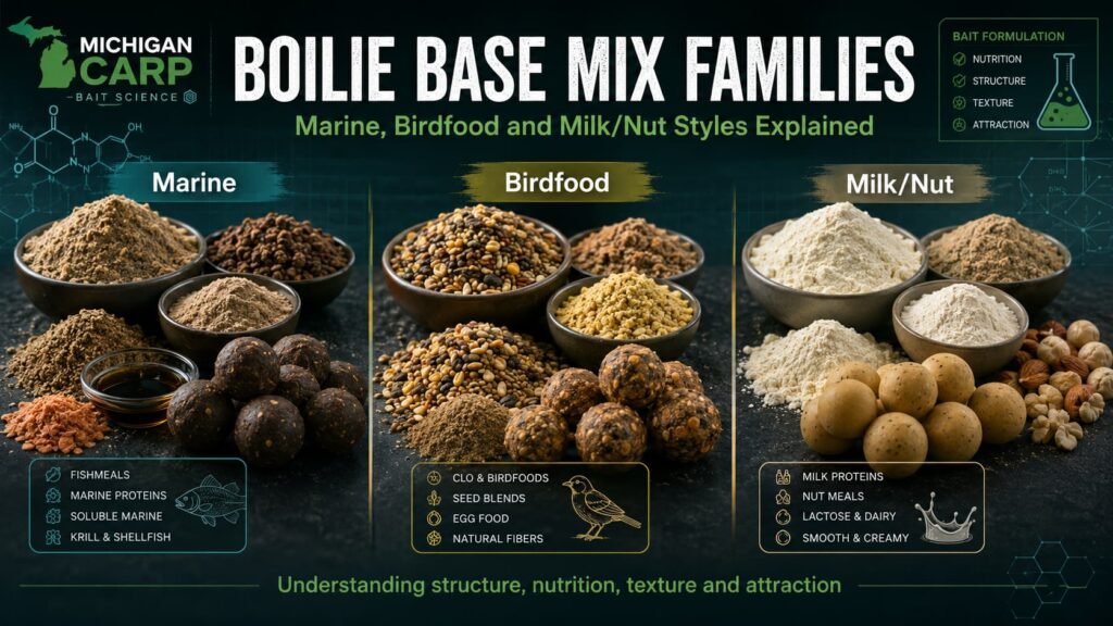 Boilie base mix families showing marine fishmeal, birdfood and milk nut boilie ingredients