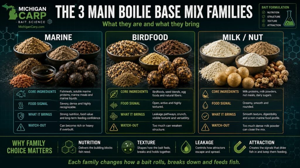 Comparison of marine, birdfood and milk nut boilie base mix families