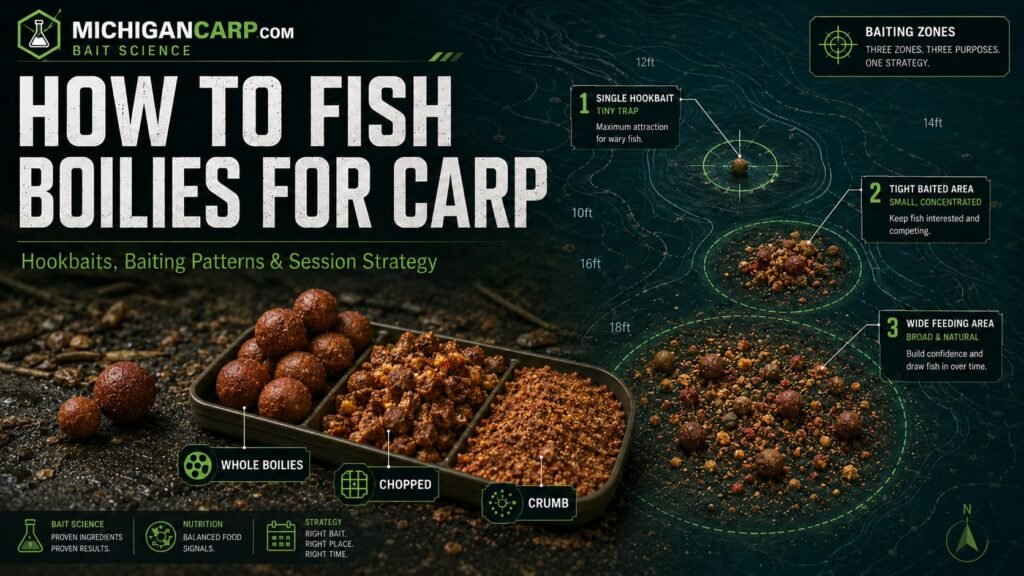 How to fish boilies for carp showing hookbaits, whole boilies, crushed boilies and a practical baiting pattern