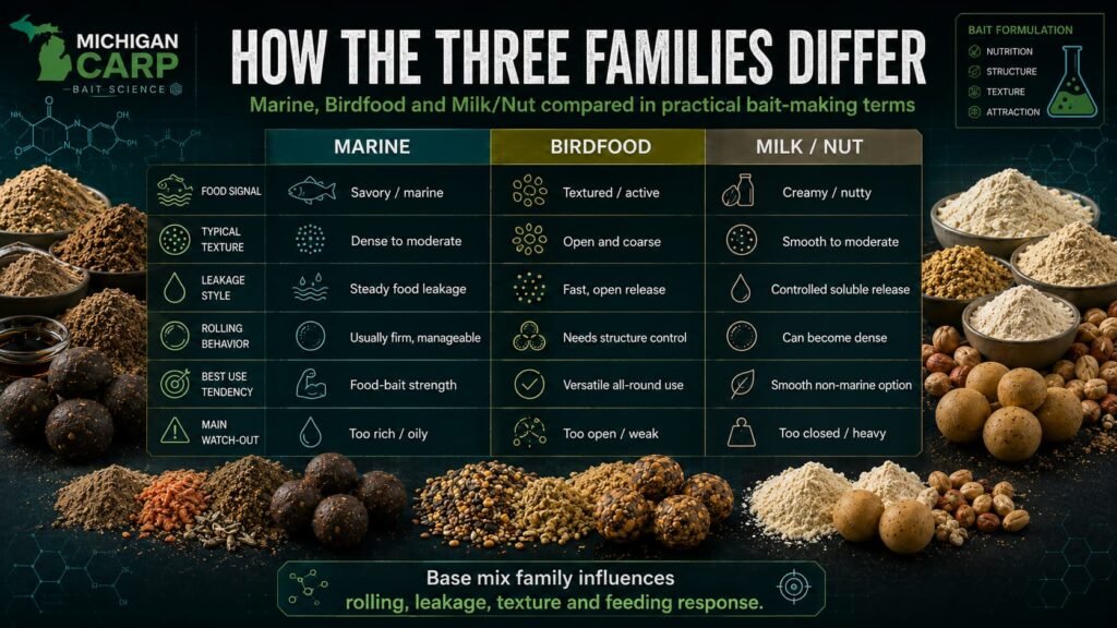 When to use marine, birdfood and milk nut boilie base mix families