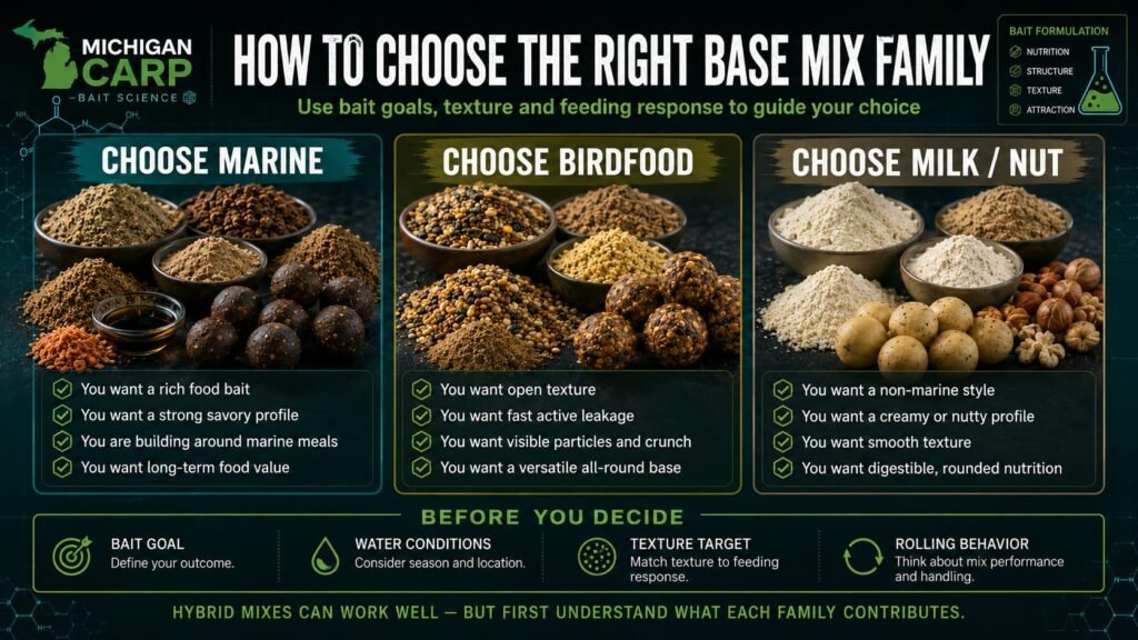Decision tree for choosing marine, birdfood or milk nut boilie base mix families